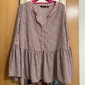 Du Jour XL flowy blouse orange brown statement sleeves button chest lightweight